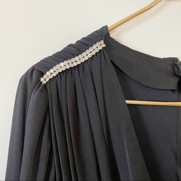 Amazing Vintage Black Ruched Column Draped Deep-V Cocktail Evening Dress - Picture 7 of 13